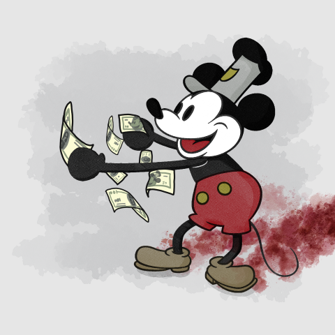 Steam Boat Willie era Mickey Mouse counting loads of dollar bills