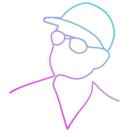 A single multi-colour line draws the author wearing a v neck shirt, glasses and a baseball cap