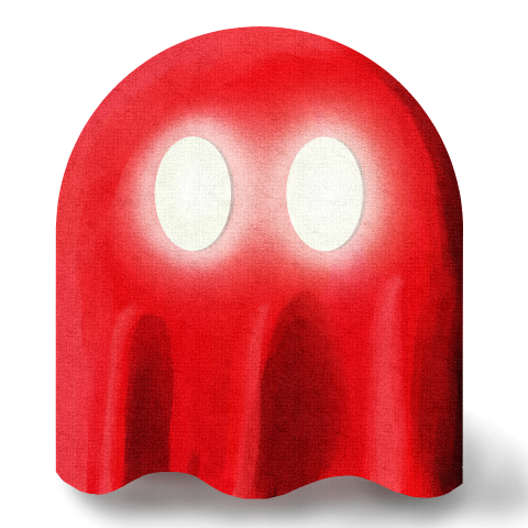 A ghost with a red sheet over it and glowing white eyes in a goache painting style